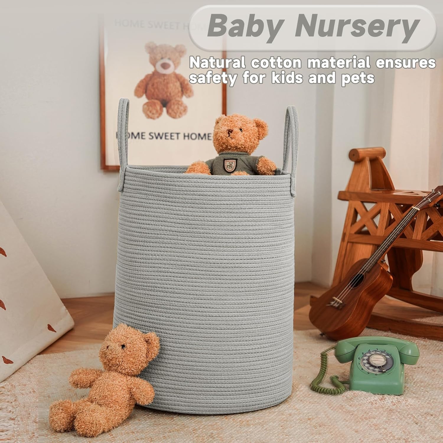 Large Woven Laundry Basket Hamper,80L Cotton Rope Storage Bin for Blankets,Toys and