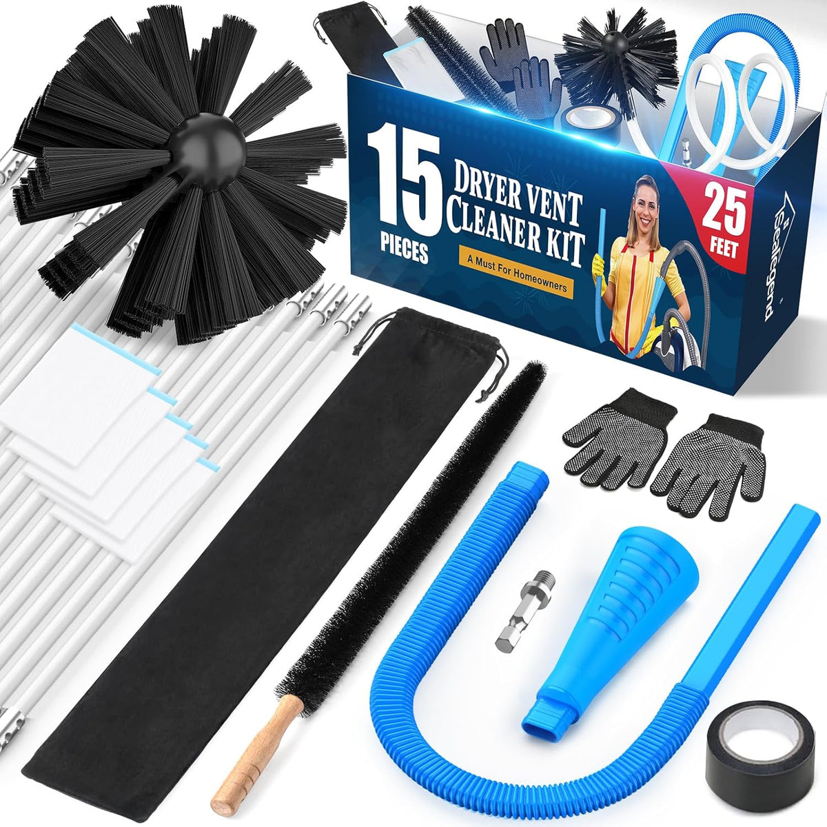 Sealegend 15-Piece 25-Feet Dryer Vent Cleaner Kit, Dryer Cleaning Tools, Omnidirectional Dryer Lint