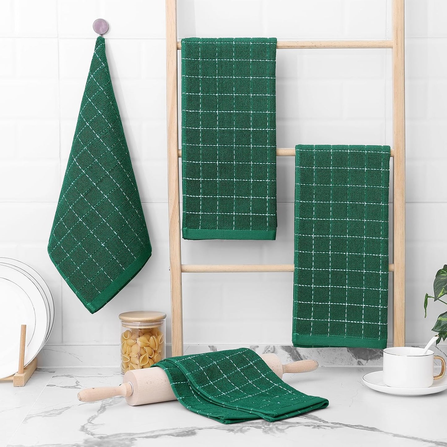Homaxy 100% Cotton Terry Kitchen Towels(Dark Green, 13 x 28 inches), Checkered Designed, Soft and