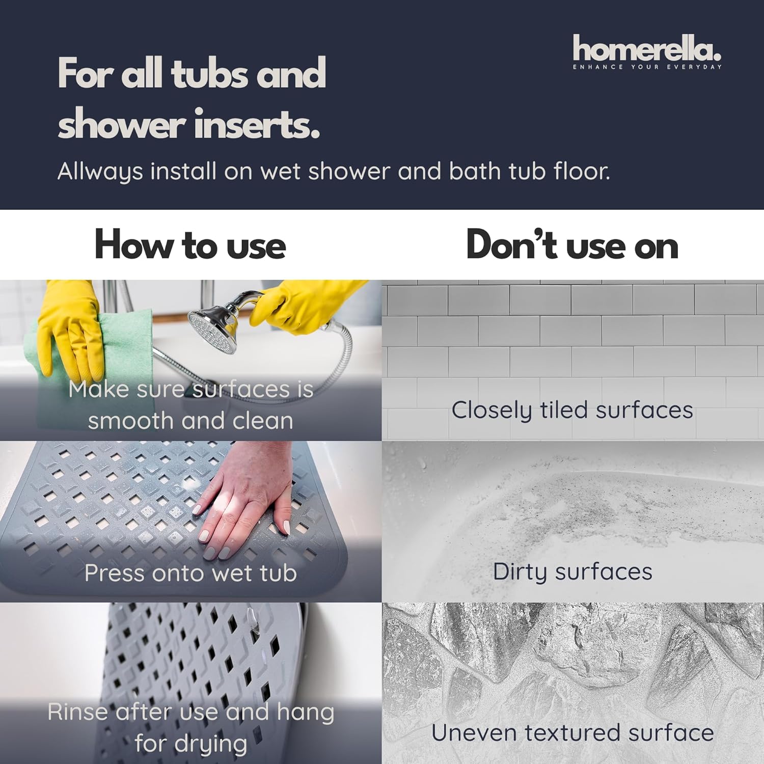 homerella® Bathtub Mat Non Slip 35x16, Incl. Hooks for Drying, Extra Long, 100% BPA Free, Shower