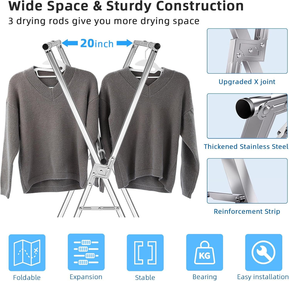funest Drying Rack Clothing, 79 Inches Adjustble & Foldable Laundry Drying Rack, Heavy Duty