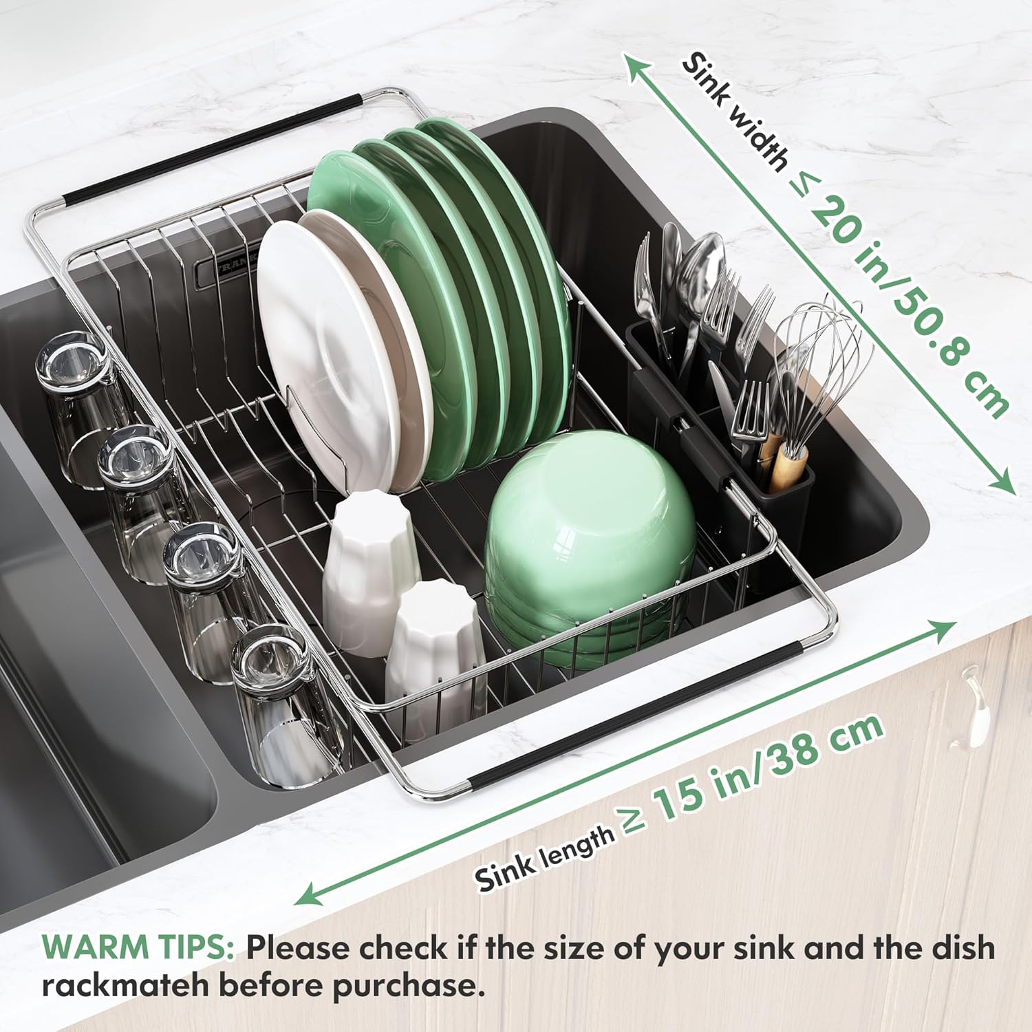 Over The Sink Expandable Dish Drainer Drying Rack in Stainless Steel for Small Kitchen, Counter
