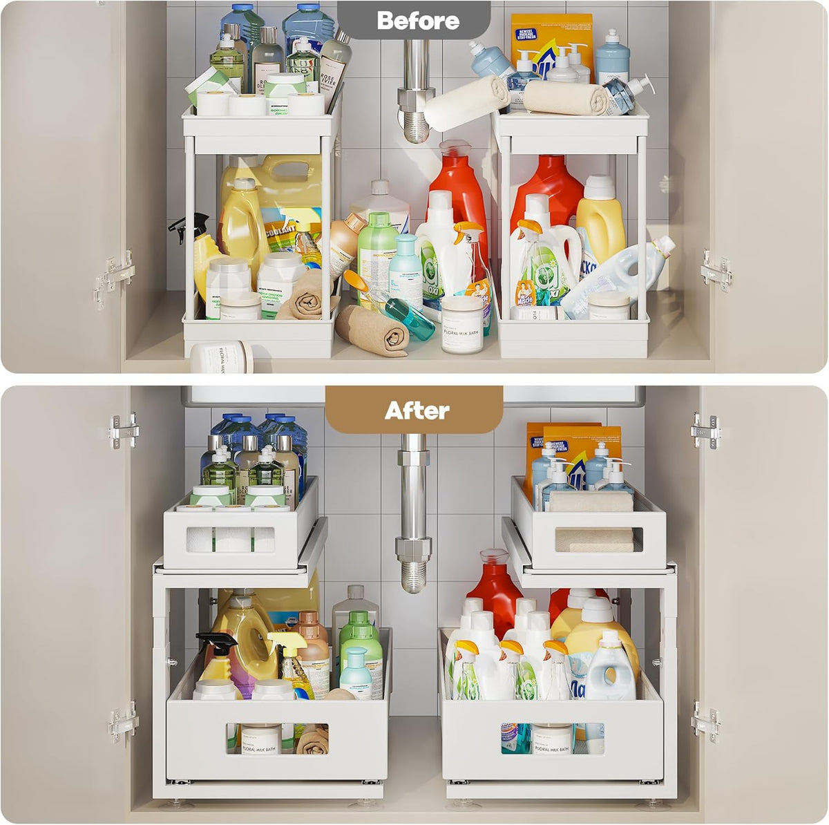2 Pack 18.5IN-Depth Under Sink Organizer With Next-Gen Ball-Bearing Slides,2-Tier Pull Out Cabinet