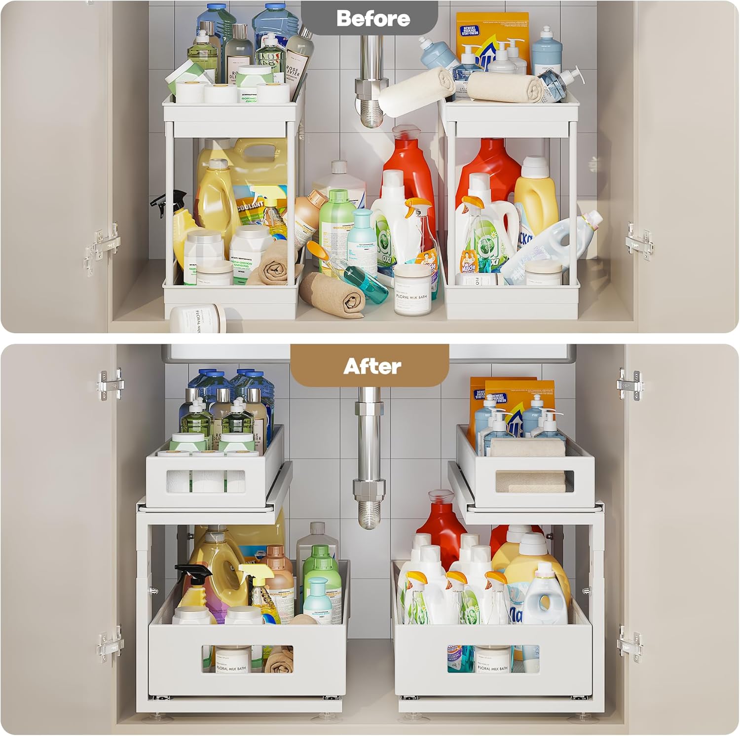 2 Pack 18.5IN-Depth Under Sink Organizer With Next-Gen Ball-Bearing Slides,2-Tier Pull Out Cabinet