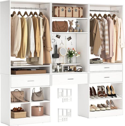 Unikito 75” Modular Closet System, Freestanding Closet Organizer with Hanging Rods and Drawers