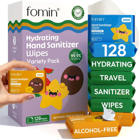 Fomin Mini Hand Sanitizer Wipes 16 Pack (8 Count) - Variety Pack Mini Wet Wipe - pH Balanced