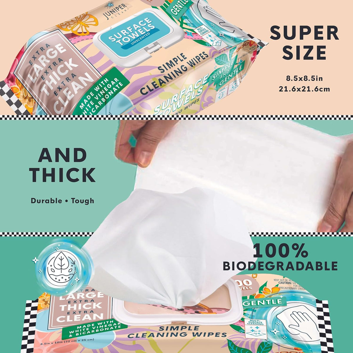 3 Packs Surface Cleaning Wipes Bleach Free, Thick & Large Dispose, All-Purpose Cleaner for