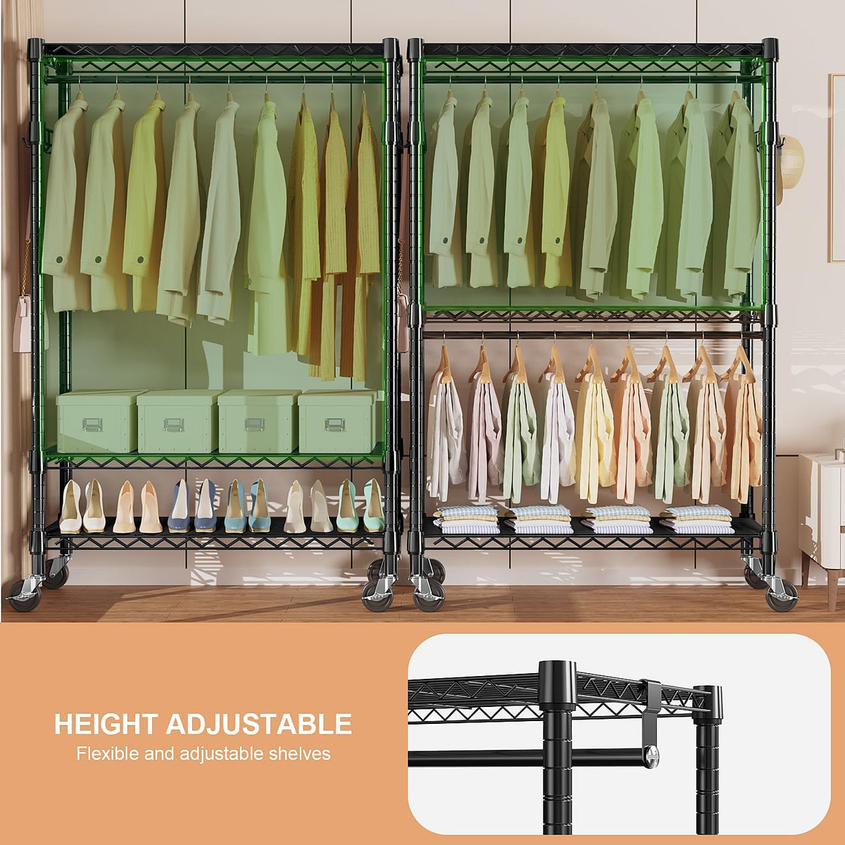 Heavy Duty Rolling Garment Rack 3 Tiers Adjustable Wire Shelving Clothes Rack with 2 Rods and Side