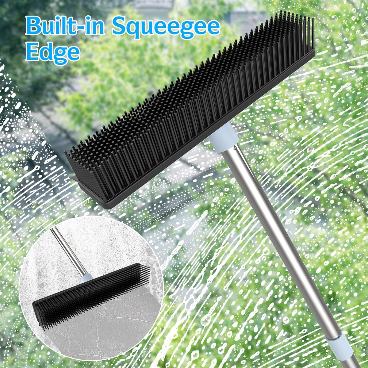 Rubber Broom Carpet Rake for Pet Hair Removal, Fur Remover Broom with 59" Adjustable Handle