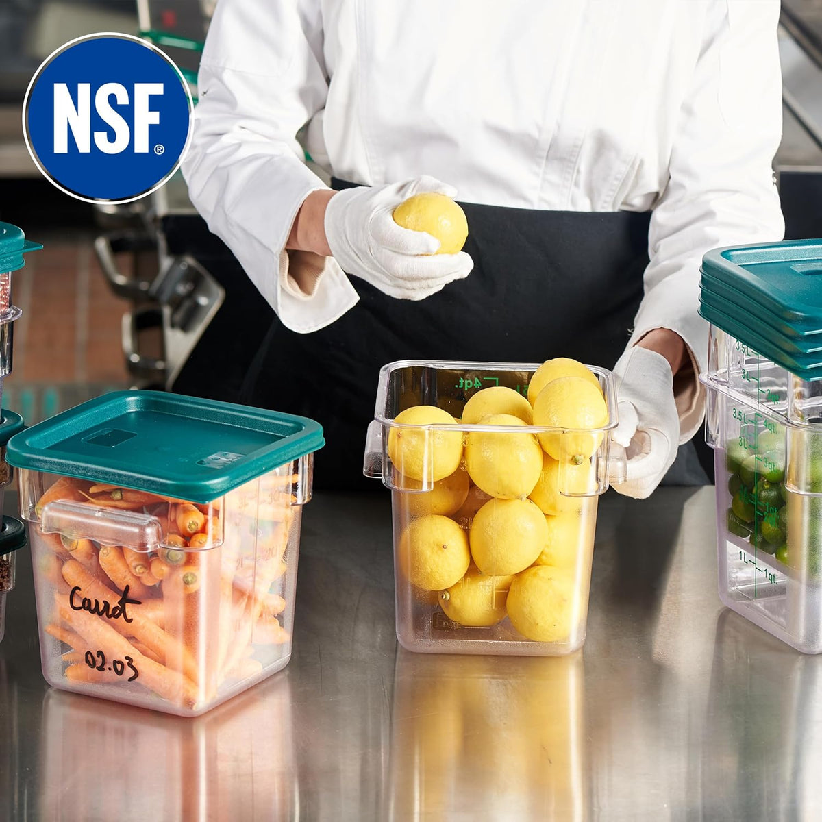 CURTA 4 Pack Food Storage Container with Green Lid - NSF Commercial Grade in 4.0 Qt - Square