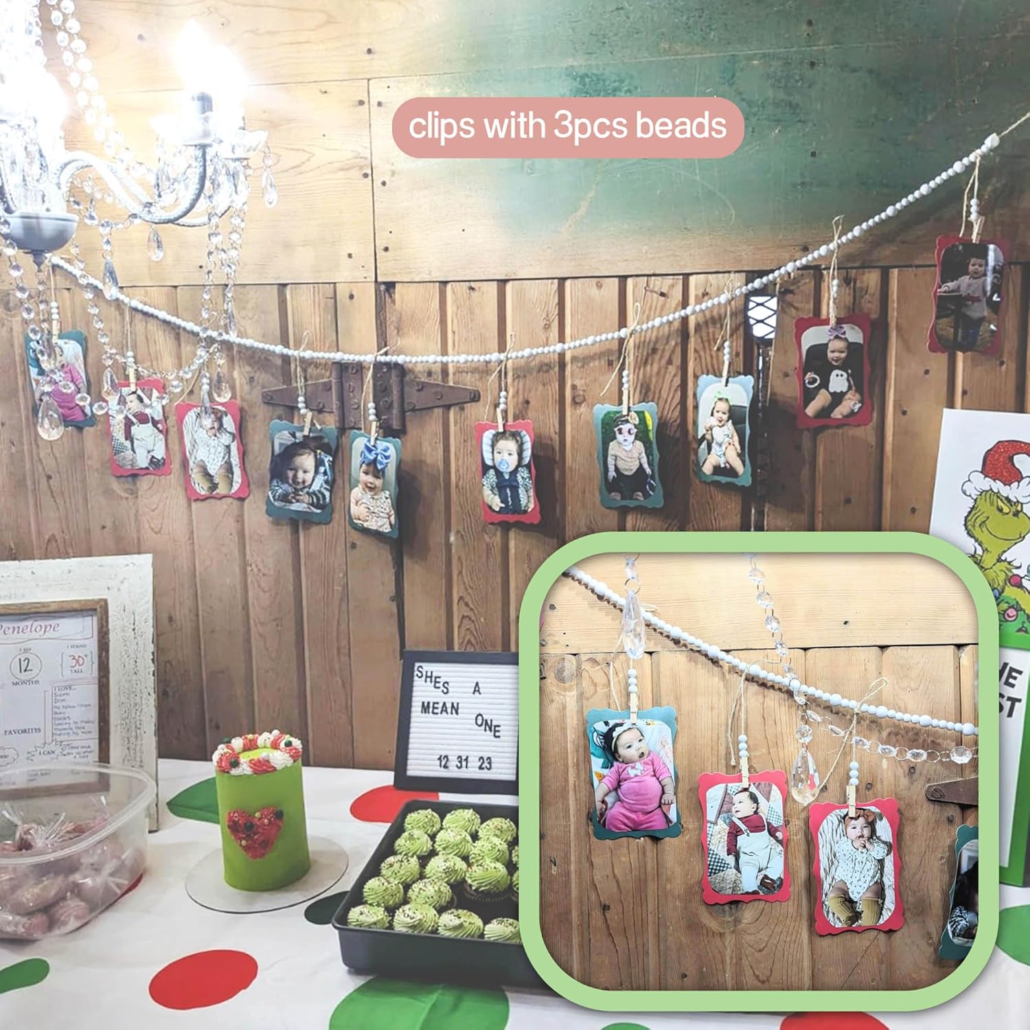 4 Feet Wooden Beads Garland with Clothespins Picture Cards Holder - Country Farmhouse Christmas