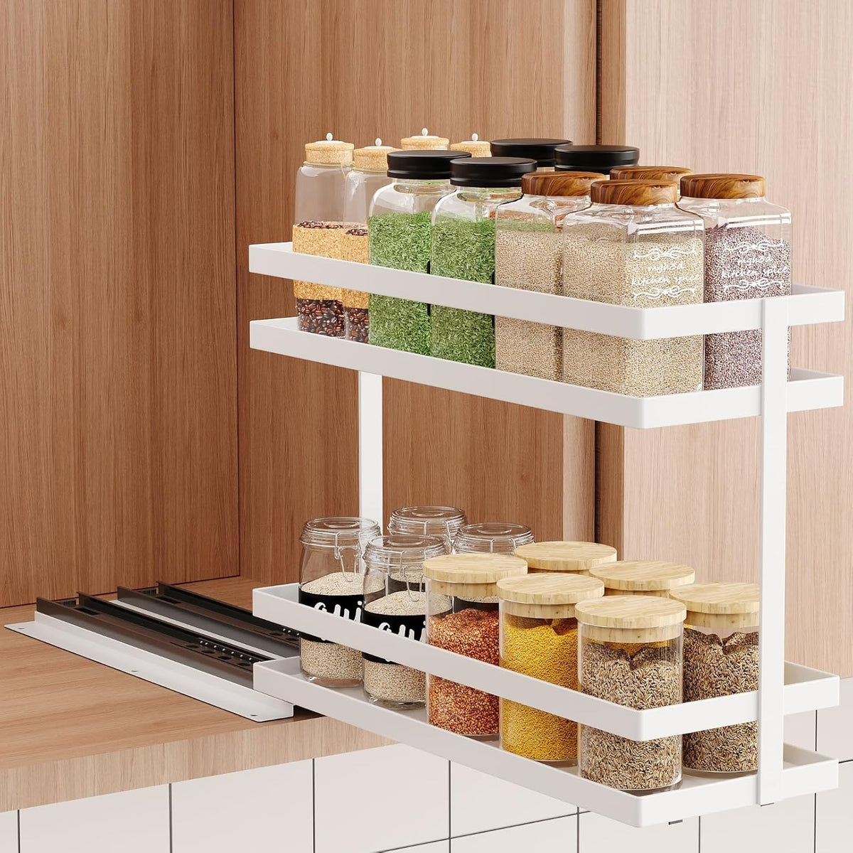 Pull Out Spice Rack Organizer for Cabinet, 2 Tier Metal Slide Out Seasoning Organizer and Storage