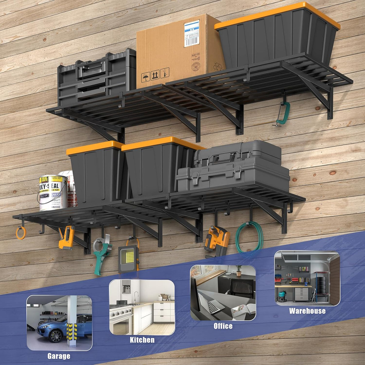 4-Pack 2x3ft Garage Shelving Wall Mounted, 2' x 3' Heavy Duty Garage Storage Shelves with Hooks