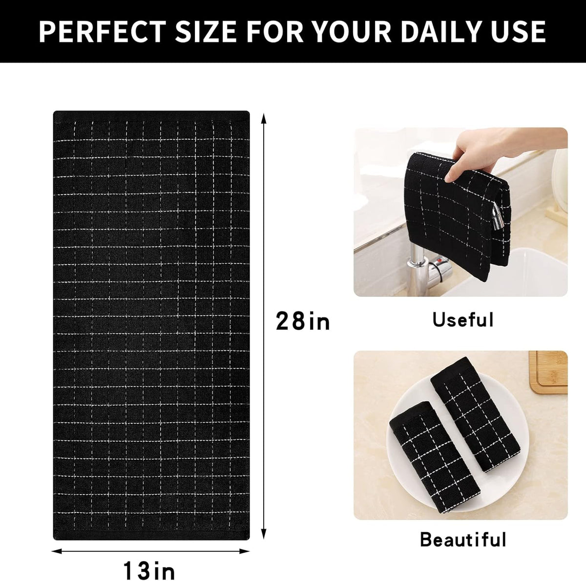 Homaxy 100% Cotton Terry Kitchen Towels(Black, 13 x 28 inches), Checkered Designed, Soft and Super