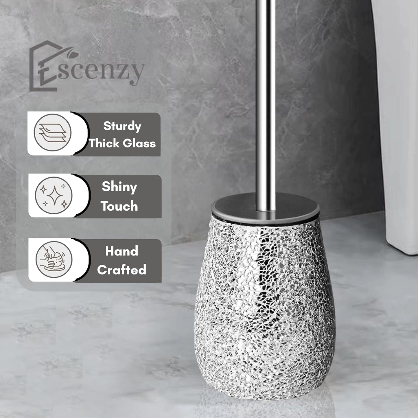 Escenzy Modern Toilet Brush and Holder Set Mosaic Glass | Non-Rustic Stainless Steel | Practical &