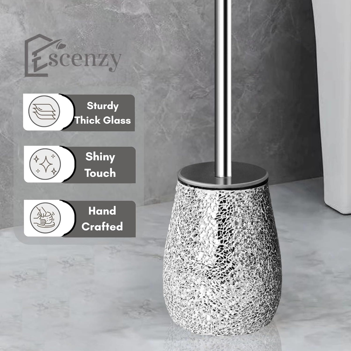 Escenzy Modern Toilet Brush and Holder Set Mosaic Glass | Non-Rustic Stainless Steel | Practical &
