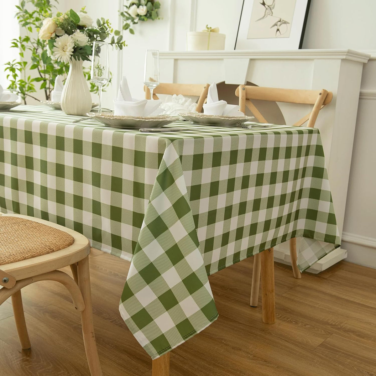 Waterproof Plaid Tablecloth Fabric - Square 58x58 Inch Classic Gingham Checker Table Cloth for