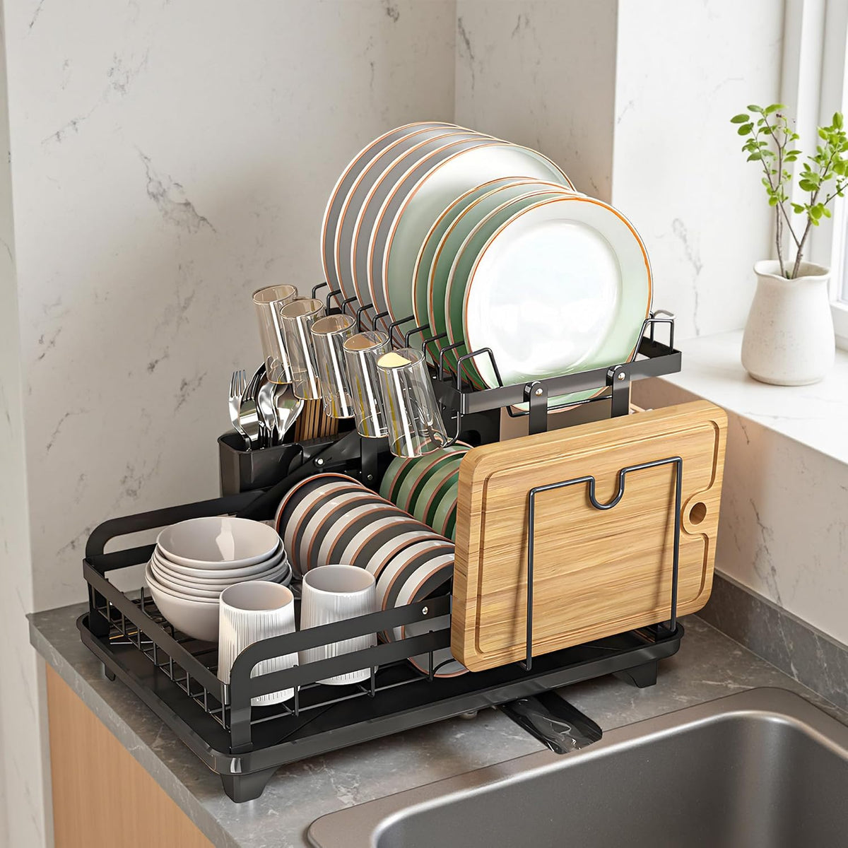 Dish Drying Rack Large 2 Tier Carbon Steel Dish Rack for Kitchen Counter,2-Tier Kitchen Organizers