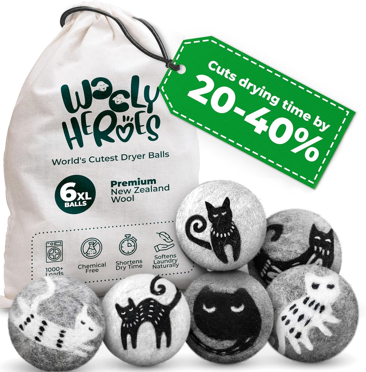 No More Dryer Sheets! Reusable Wool Dryer Balls XL 6-Pack - Reduces Static, Cuts Dry Time, &