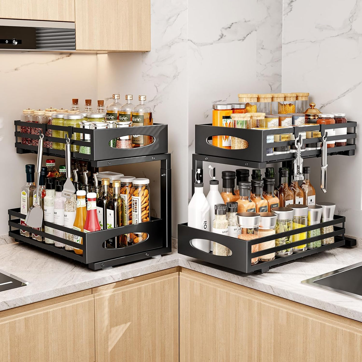 Under Sink Organizer, 2 Tier Under Sink Organizers and Storage, Adjustable Height, Slide Out Metal
