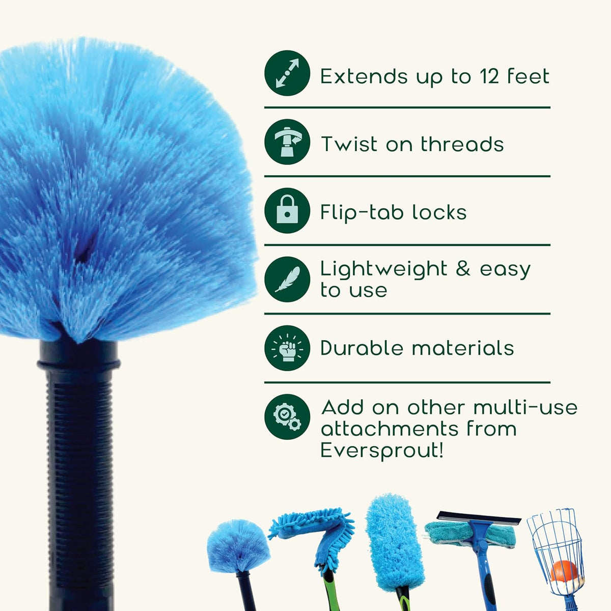 EVERSPROUT 1.5-to-3 Foot Cobweb Duster and Extension-Pole Combo (8-10 Ft Standing Reach, Soft