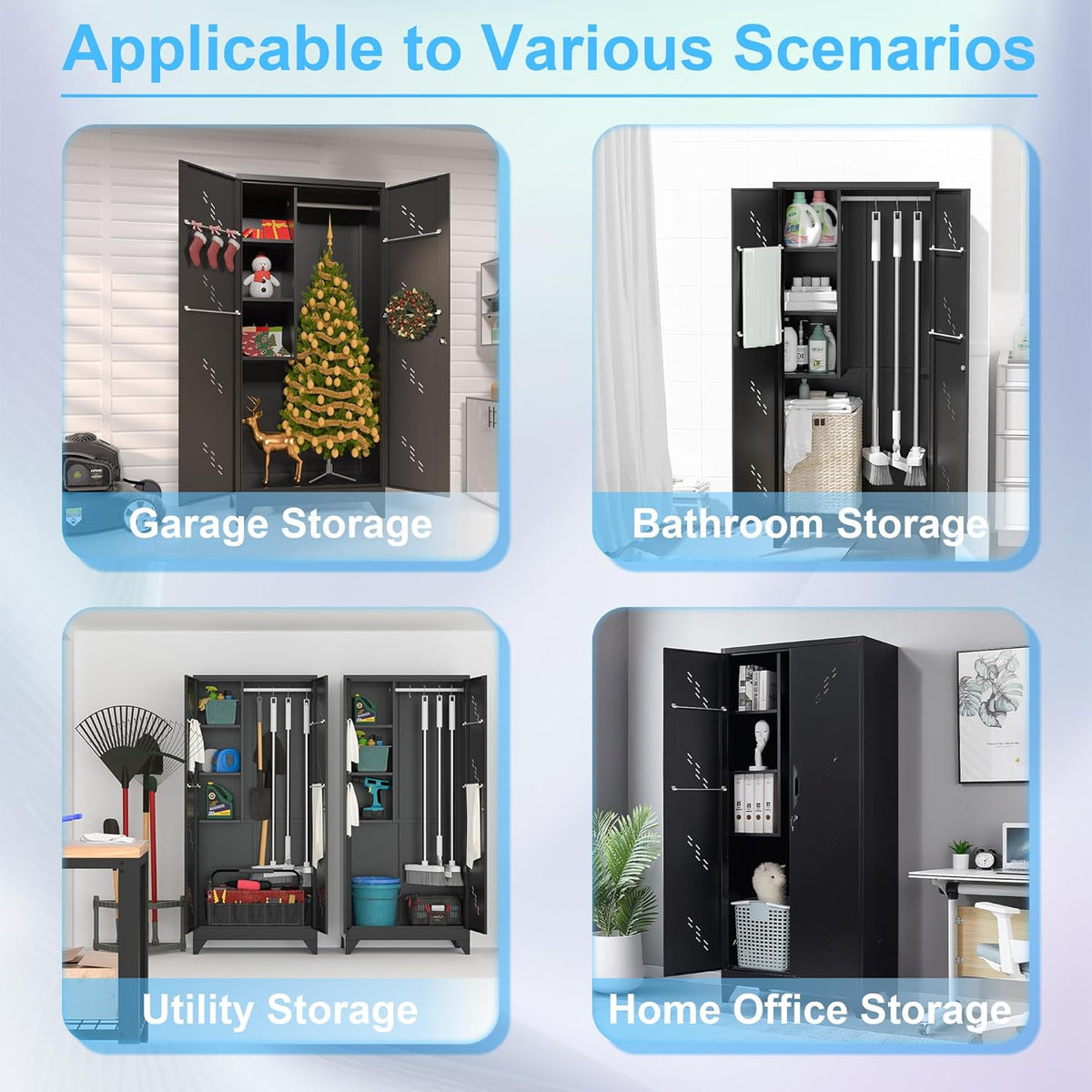 Metal Storage Cabinet with Lock Door, 75" Tall Garage Storage Cabinet with Hanging Rod, Broom