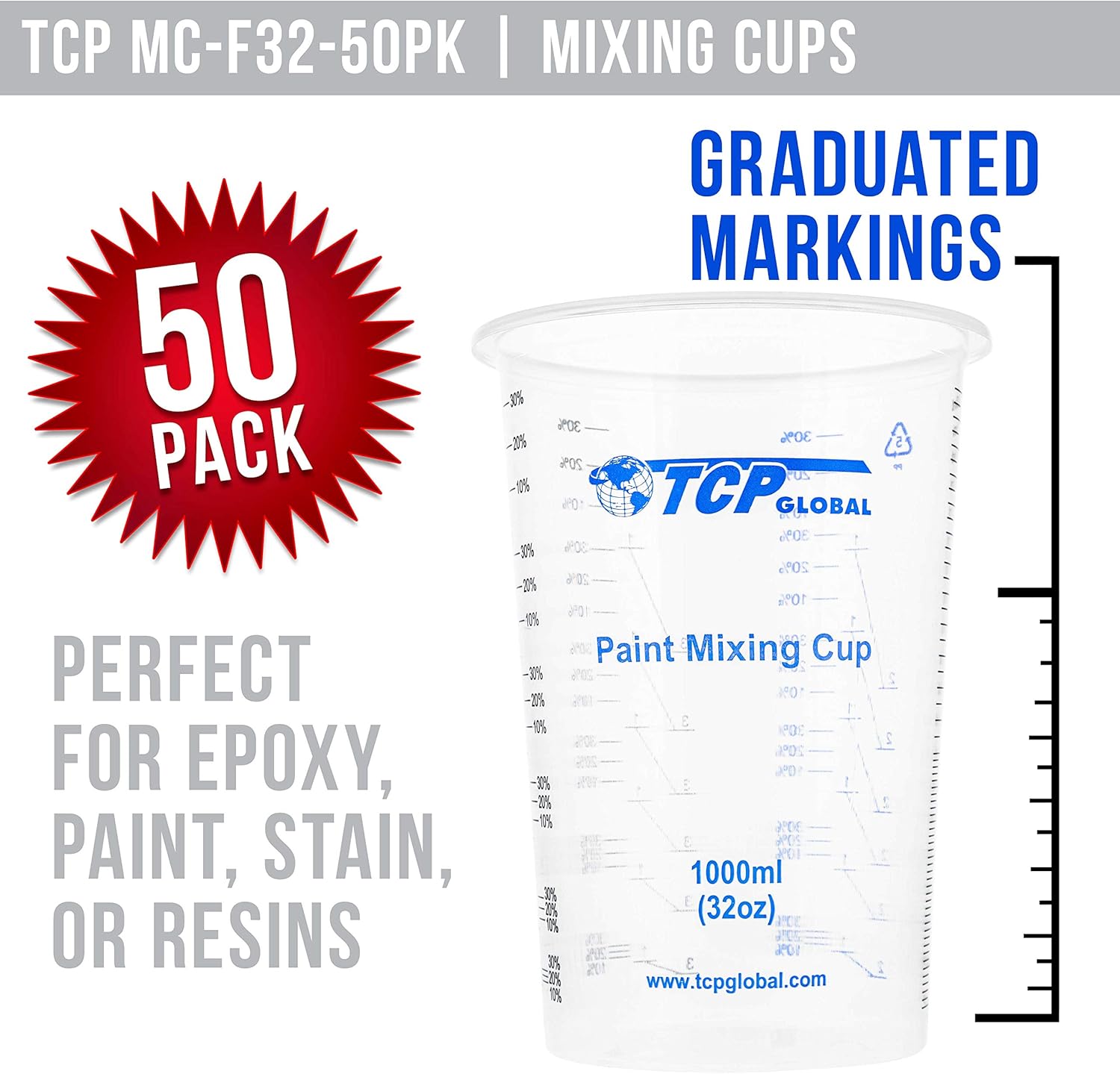 TCP Global 32 oz. (1000ml) Graduated Plastic Mixing Cups (Box of 50) - Disposable Plastic Measuring