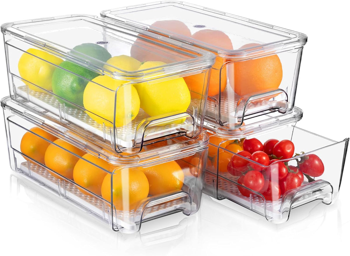 4 Pack Fridge Organizer Drawers, Stackable Pantry Organizers and Storage, Clear Pull-Out