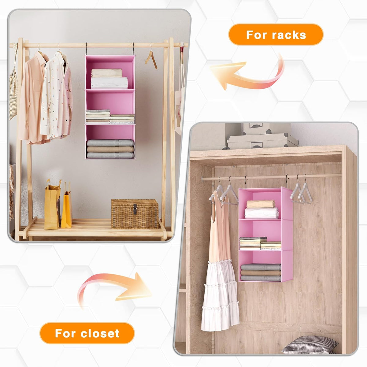 Hanging Closet Organizer and Storage 3-Shelf, Easy Mount Foldable Hanging Closet Wardrobe Storage