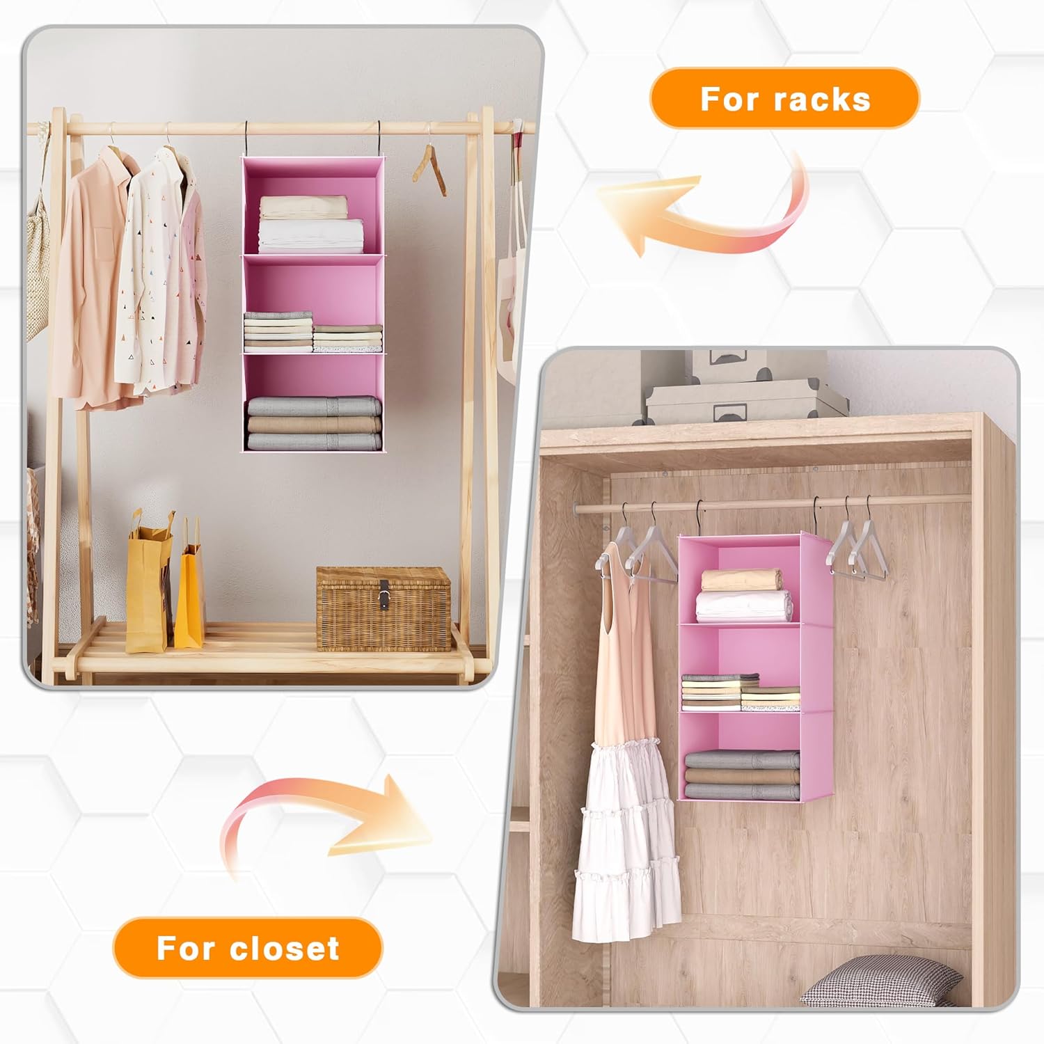 Hanging Closet Organizer and Storage 3-Shelf, Easy Mount Foldable Hanging Closet Wardrobe Storage