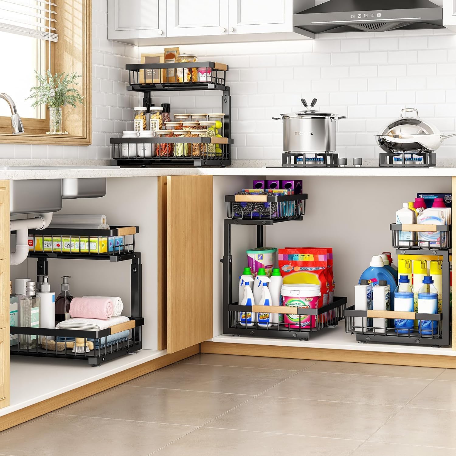 PXRACK Large Under Sink Organizer, Adjustable Height, 2-Tier Slide Out,Thickened Metal Shelf Under