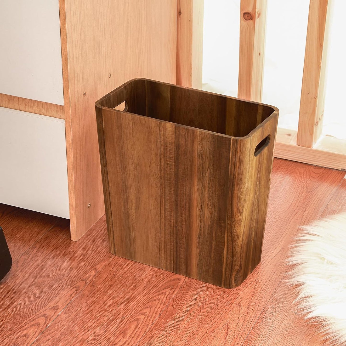 3 Gallons Wooden Wastebaskets, Solid Acacia Wood Waste Basket with Handles, Rectangular Trash Can