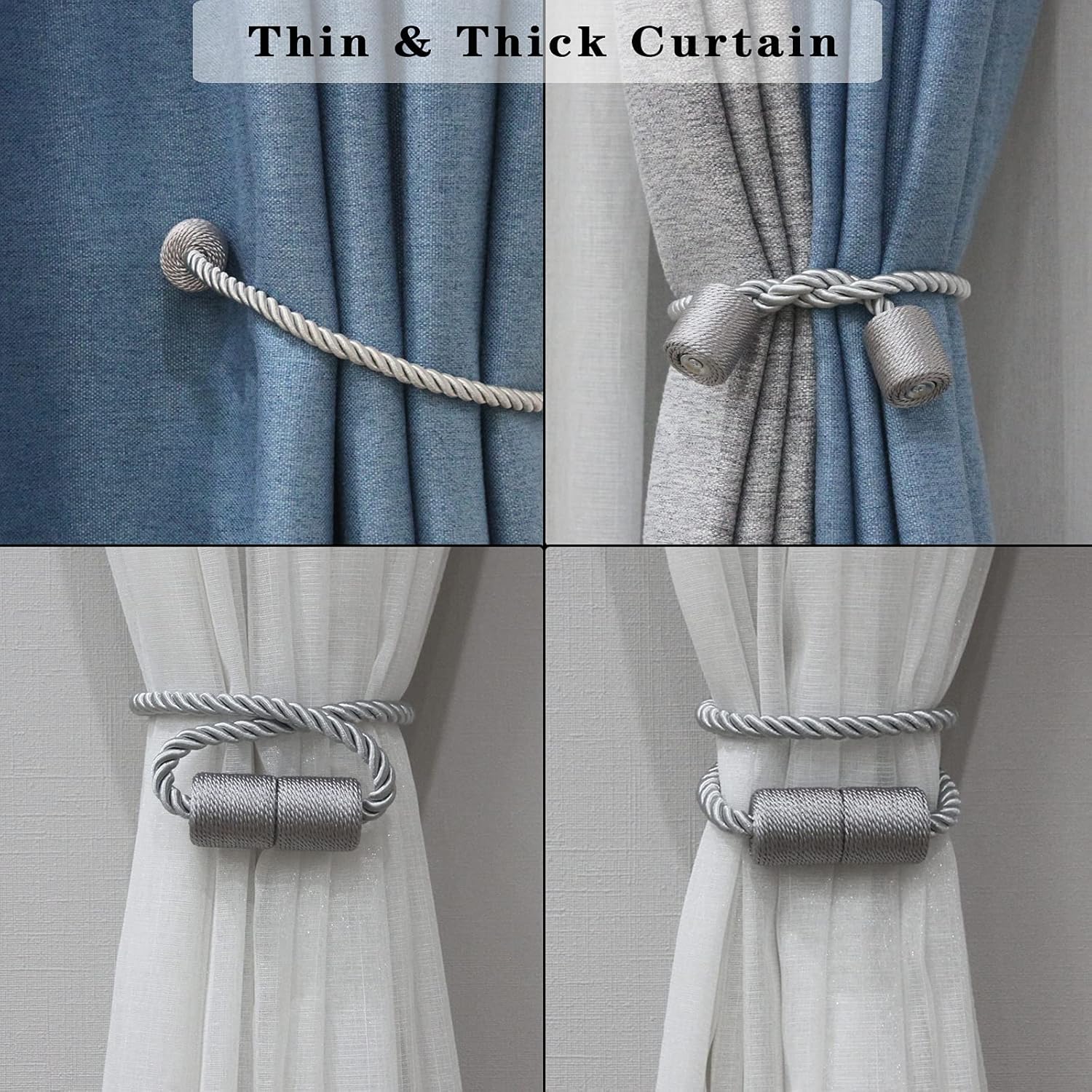 6 Pack Grey Strong Magnetic Curtain Tiebacks Outdoor Elegant Decorative Tie Backs Modern Rope