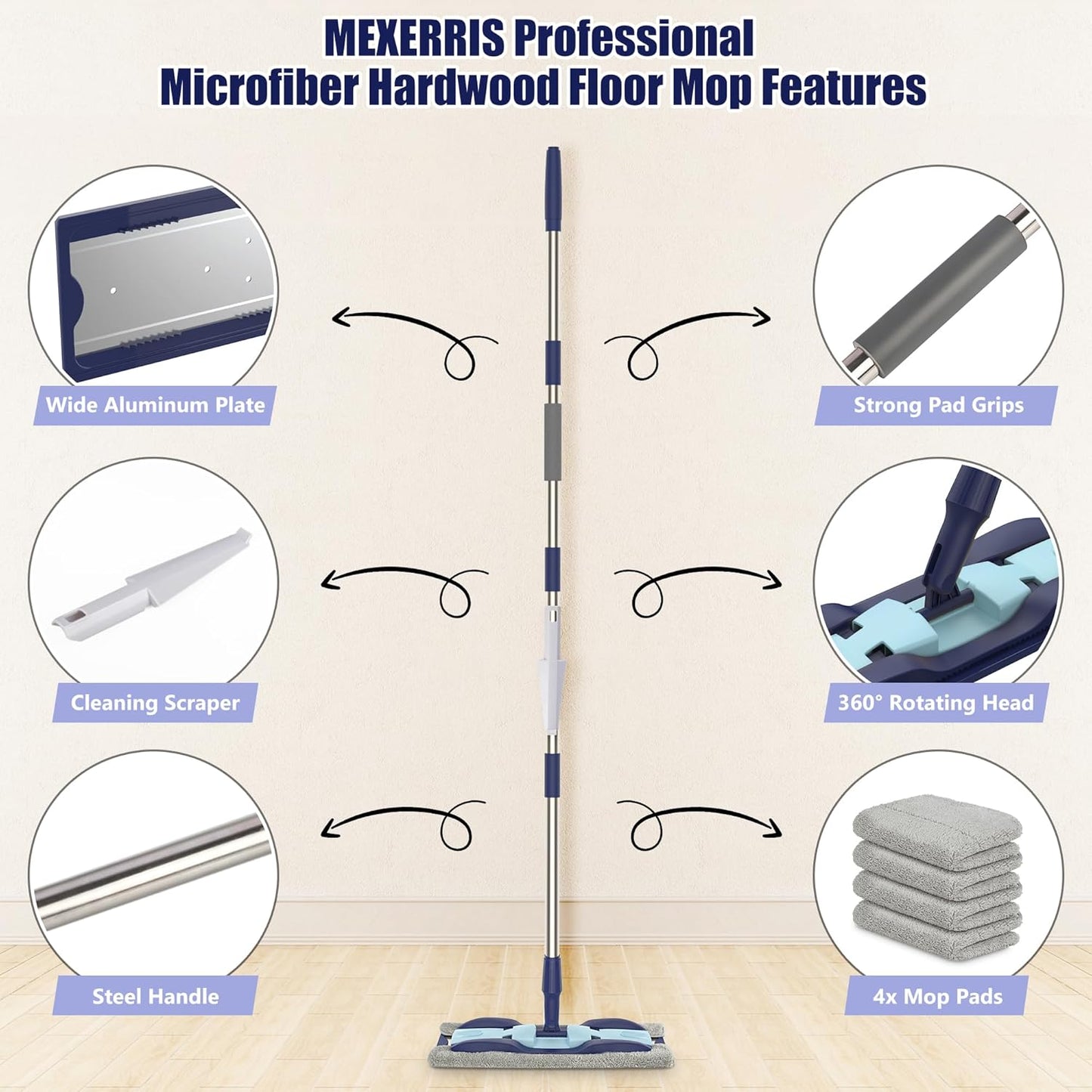 MEXERRIS Microfiber Floor Mop for Hardwood Laminate Tile Floor Cleaning: Stainless Steel Handle - 4