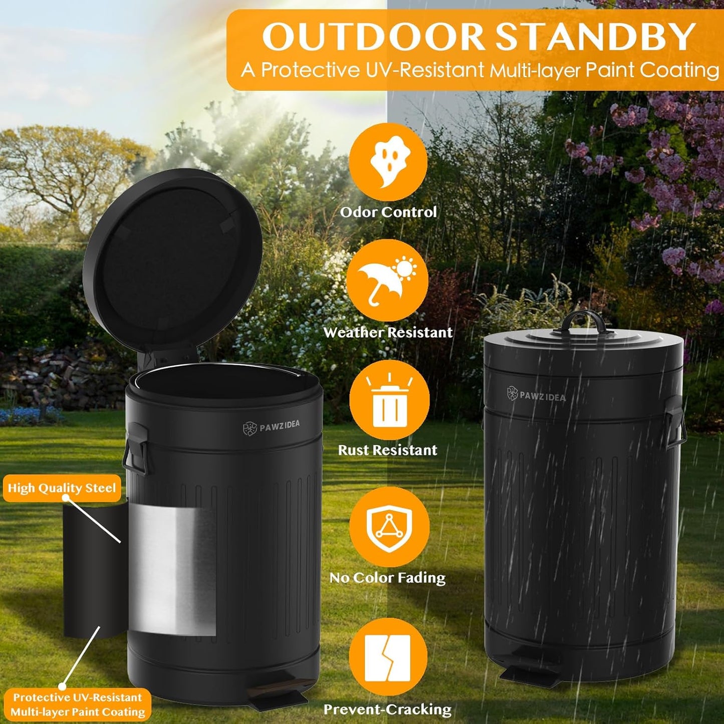 PAWZIDEA Dog Poop Trash Can Outside Odor Control, 3.1 Gallon Outdoor Trash Can with Lid, Waterproof