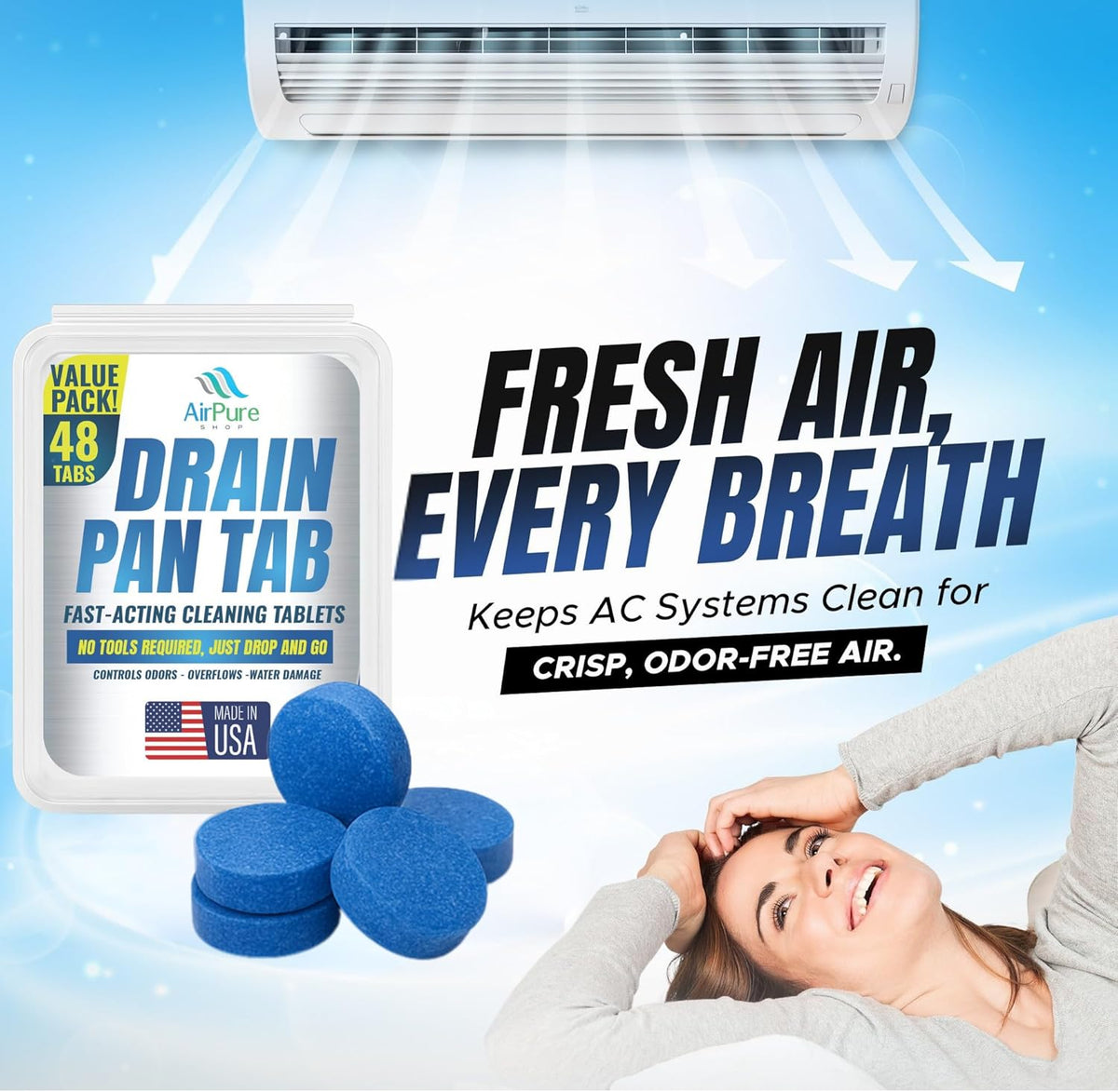 Air Pure Drain Pan Tabs - 48 Flow Treatment Tablets for HVAC & AC Condensate Pan Treatment |