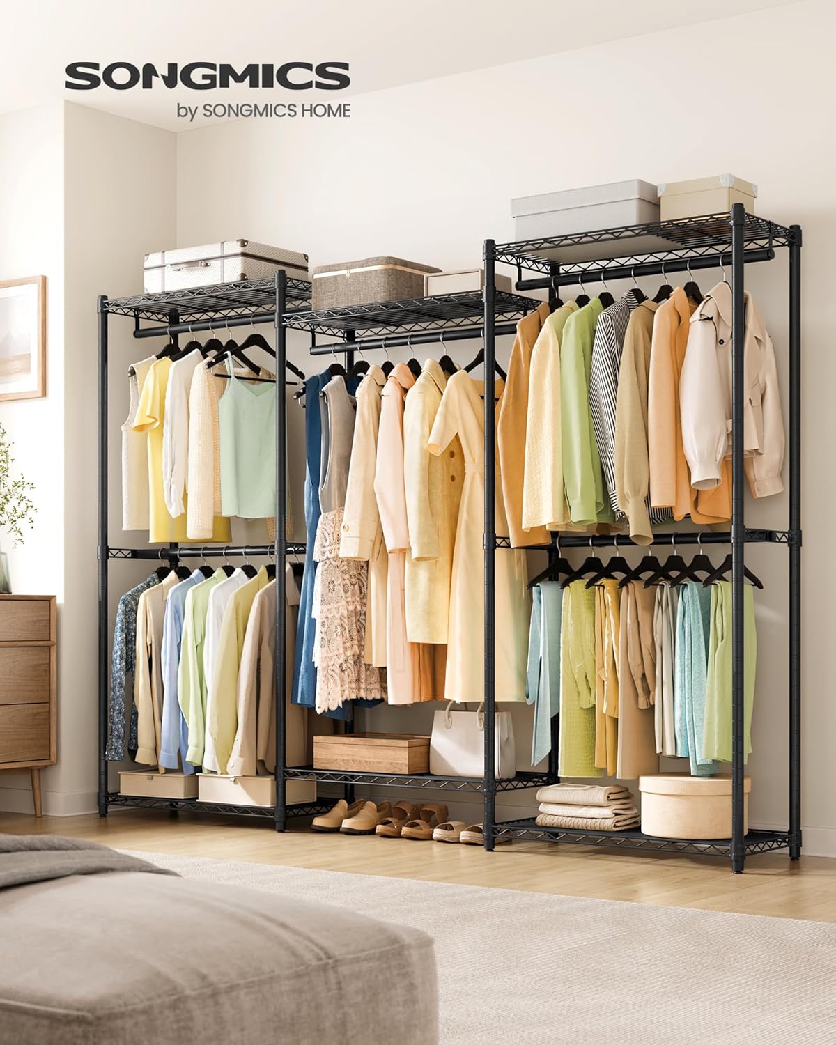SONGMICS Heavy-Duty Clothes Rack, Garment Rack, Portable Closet, 86.4-Inch Wide Clothing Rack with