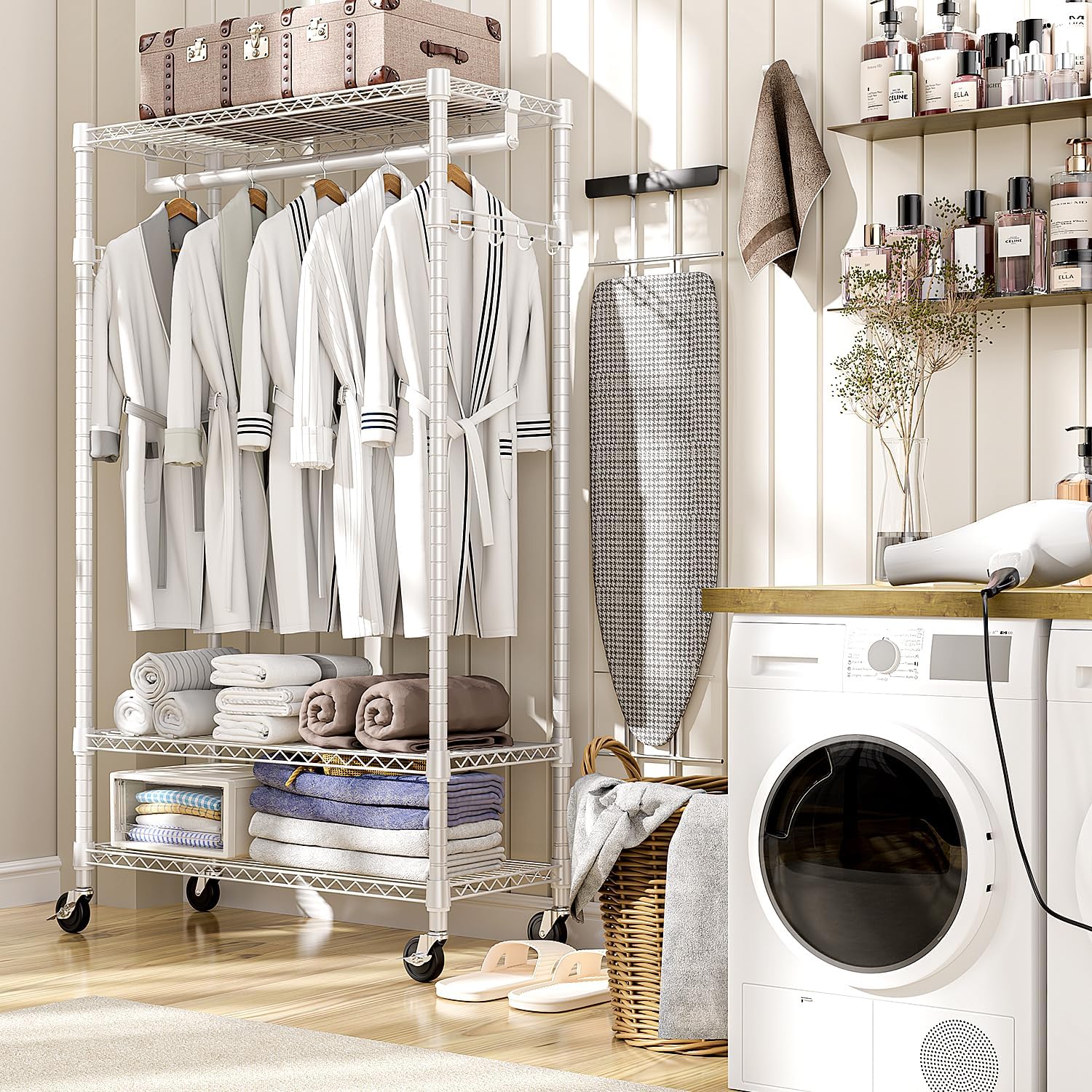 Heavy Duty Rolling Garment Rack 3 Tiers Adjustable Wire Shelving Clothes Rack with Rods and Side