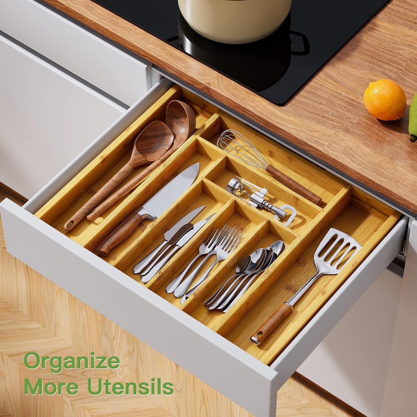 Pipishell Bamboo Silverware Organizer, Expandable Cutlery Tray, Utensil Drawer Organizer in Kitchen
