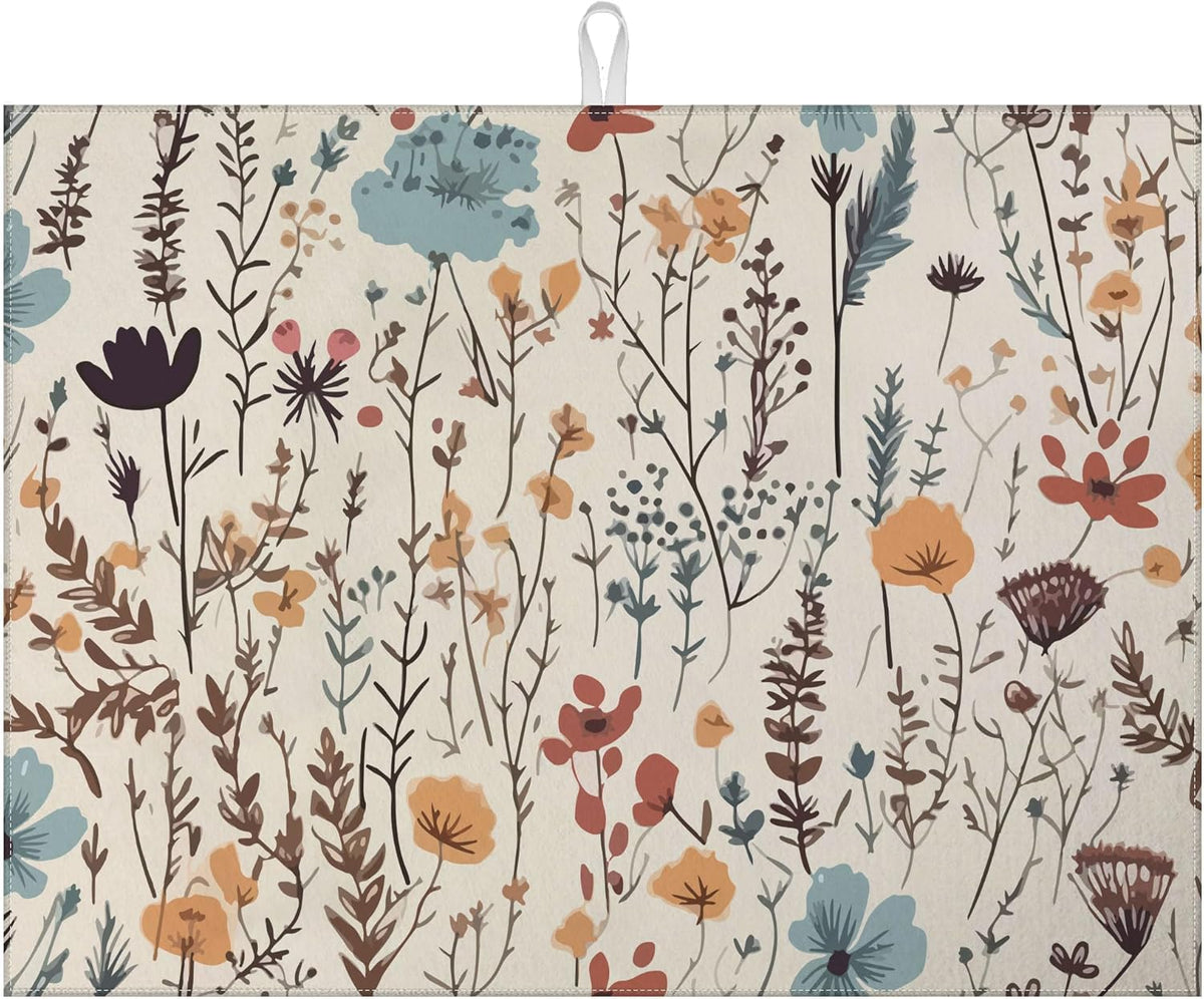Vintage Floral Dish Drying Mat for Kitchen Counter Microfiber Absorbent Dish Kitchen Drying Mat