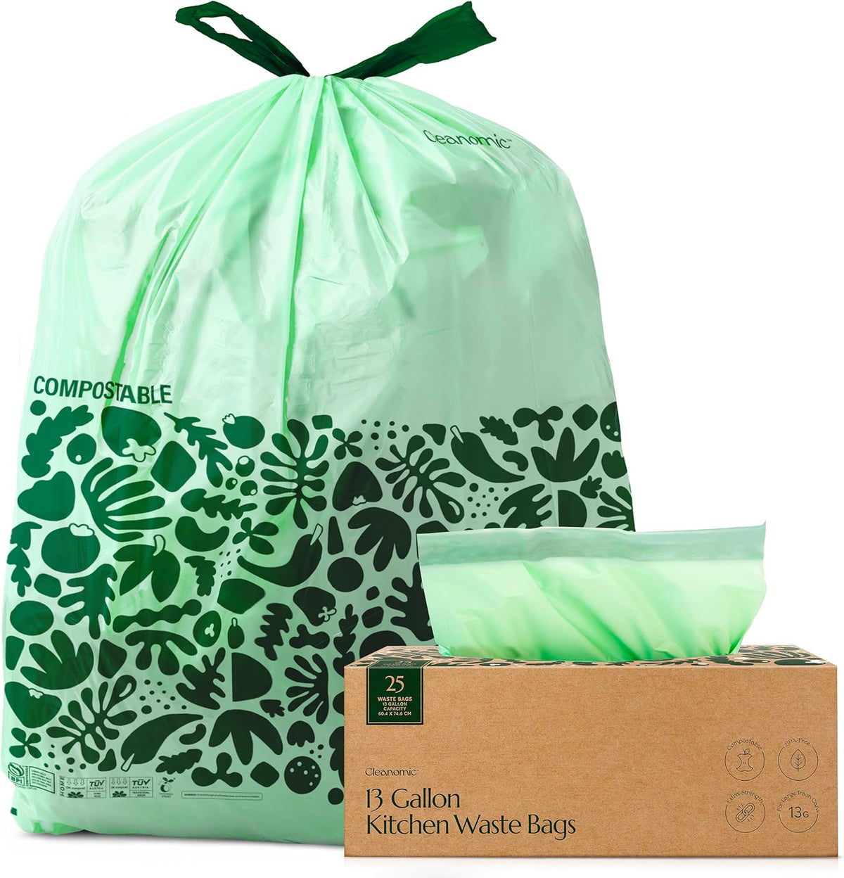 Cleanomic Compostable* Trash Bags with Drawstring (13 Gallon, 25 Units, Tall), BPI Certified For
