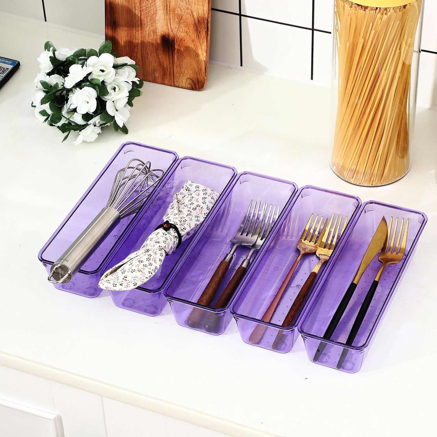 Maitys 12 Pcs Vanity Drawer Organizer 9 x 3 x 2 Inches Clear Plastic Utensil Organizers Kitchen
