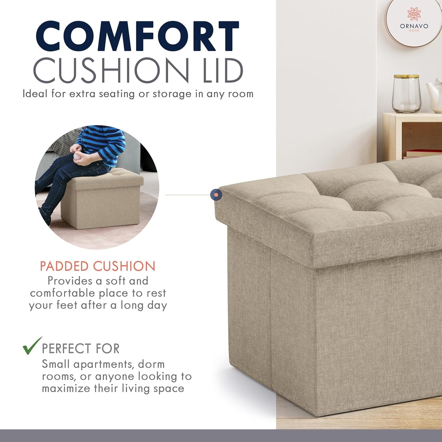Ornavo Home Small Storage Ottoman Foldable Collapsible Rectangle Linen Ottoman Foot Rest Stool