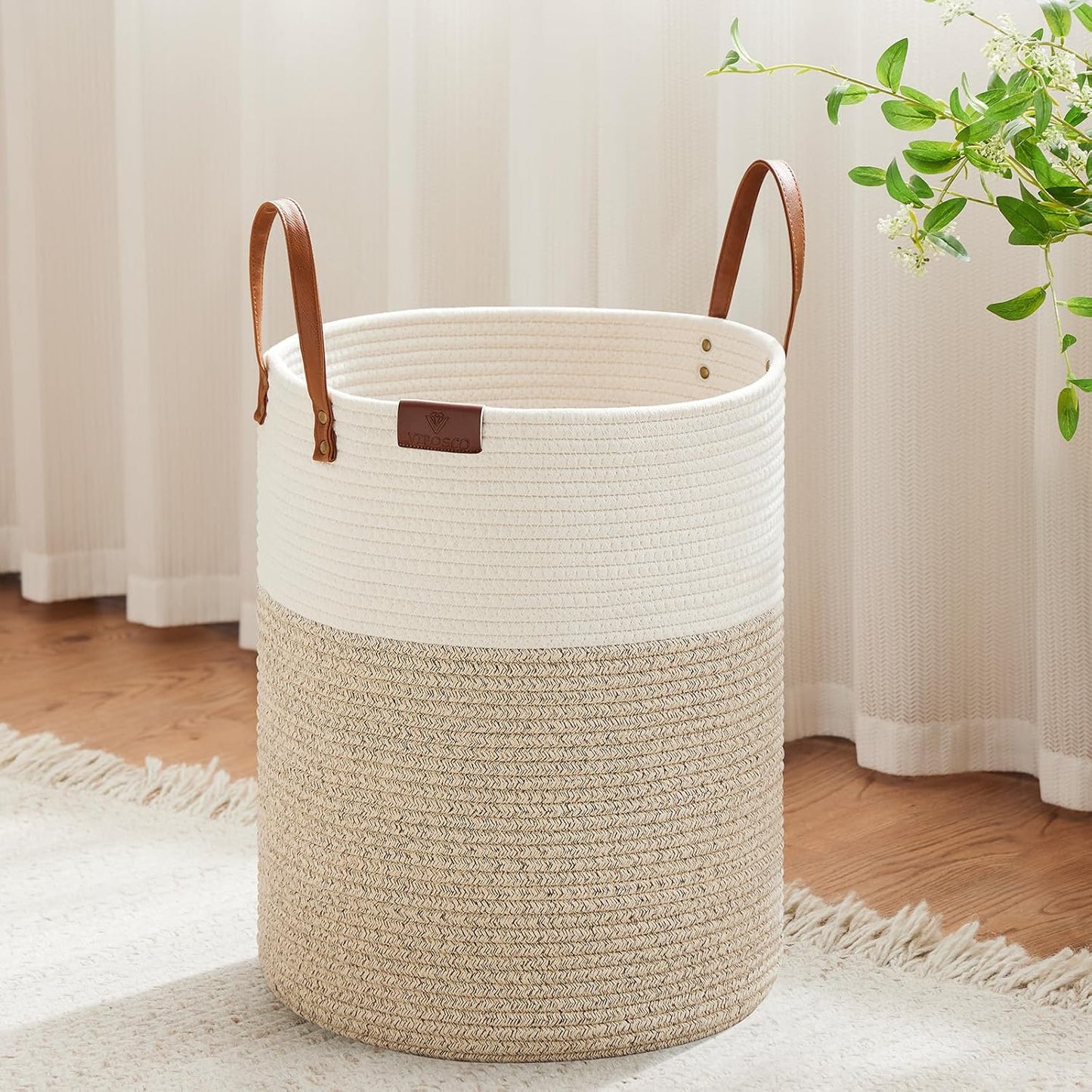 VIPOSCO Tall Laundry Basket, Large Dirty Clothes Hamper with Leather Handle, Woven Rope Storage