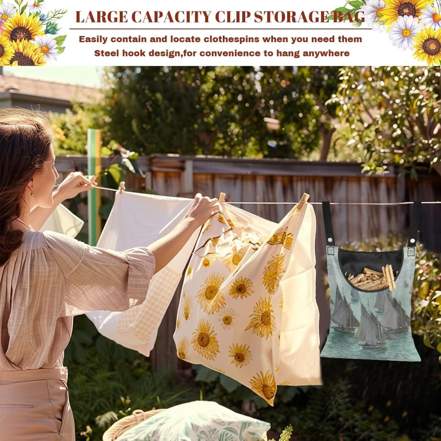 Monet Oil Painting Outdoor Clothespin Bag - Industrial Strength Windproof Storage Organizer - Heavy