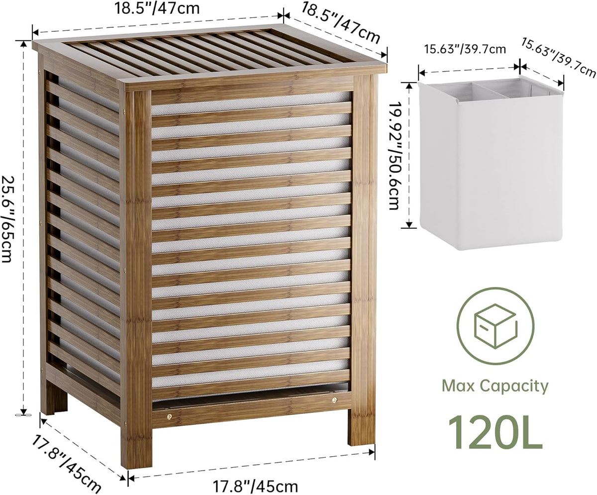 SMIBUY Double Laundry Hamper with Lid, 120L Bamboo Laundry Basket with Removable Liner Bag