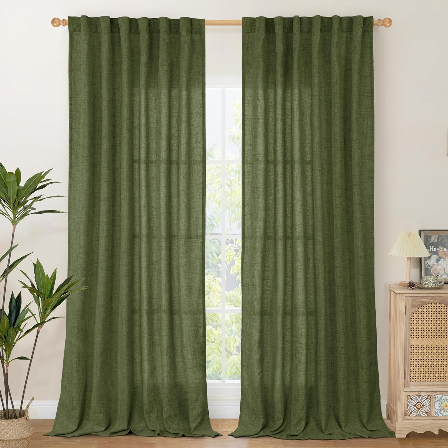 YoungsTex Olive Green Linen Curtains for Living Room 84 Inch Length, Semi Sheer Drapes with Rod