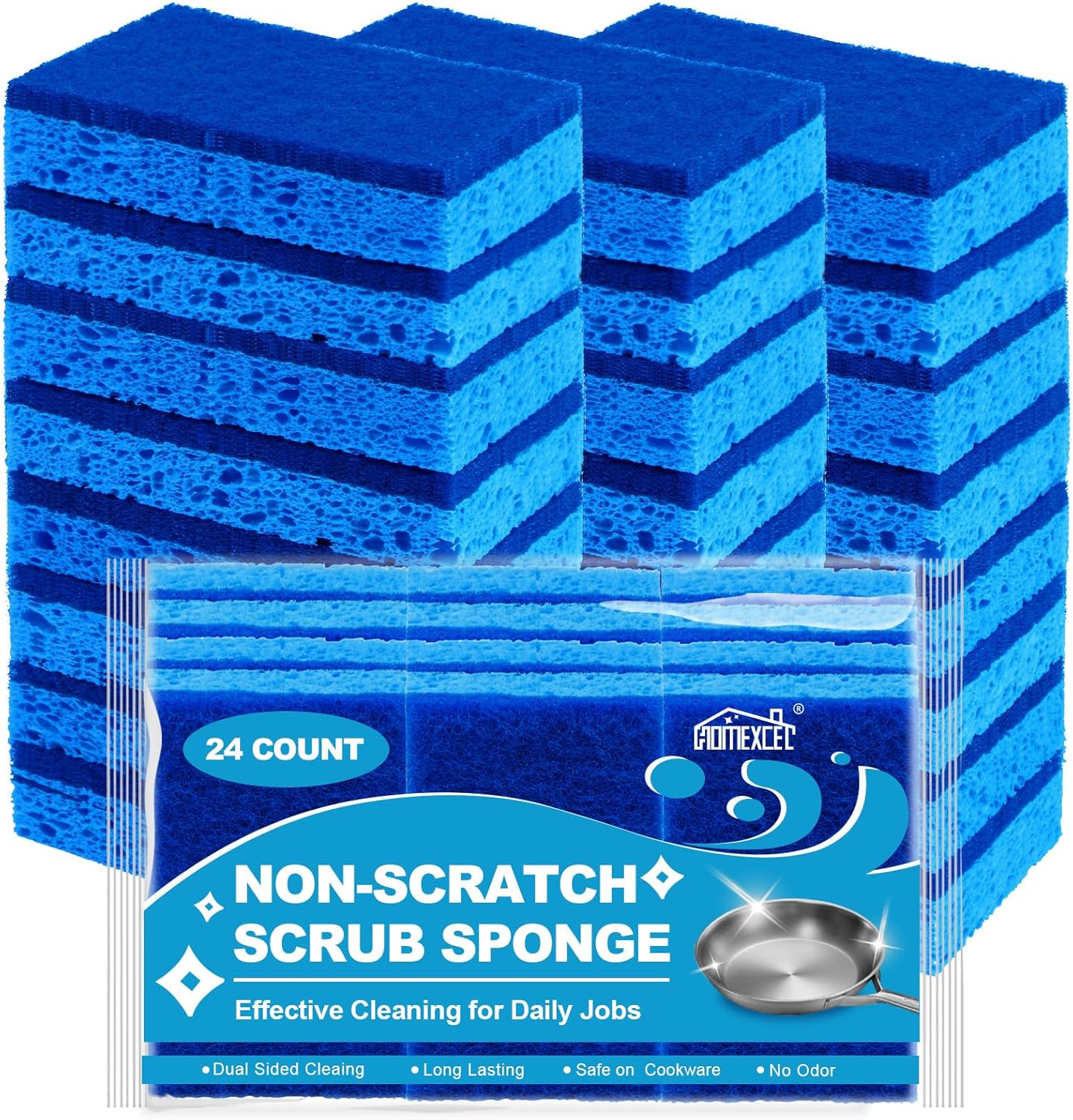 HOMEXCEL Sponges Kitchen 24pcs, Non-Scratch Scrub Dish Sponge Safe on Non-Stick Cookware, Dual