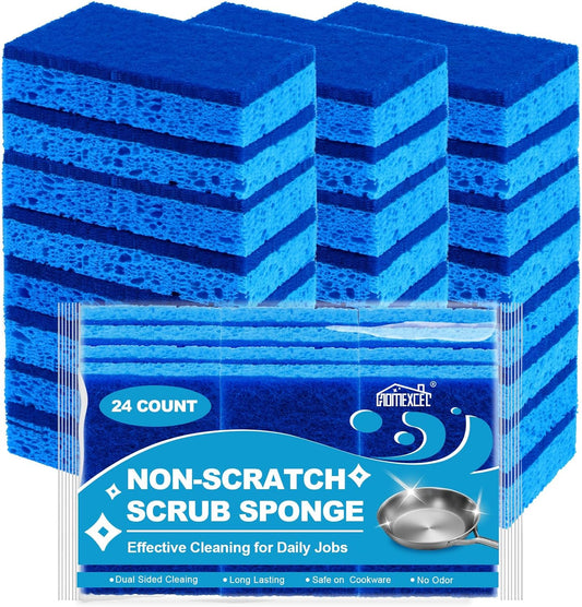 HOMEXCEL Sponges Kitchen 24pcs, Non-Scratch Scrub Dish Sponge Safe on Non-Stick Cookware, Dual