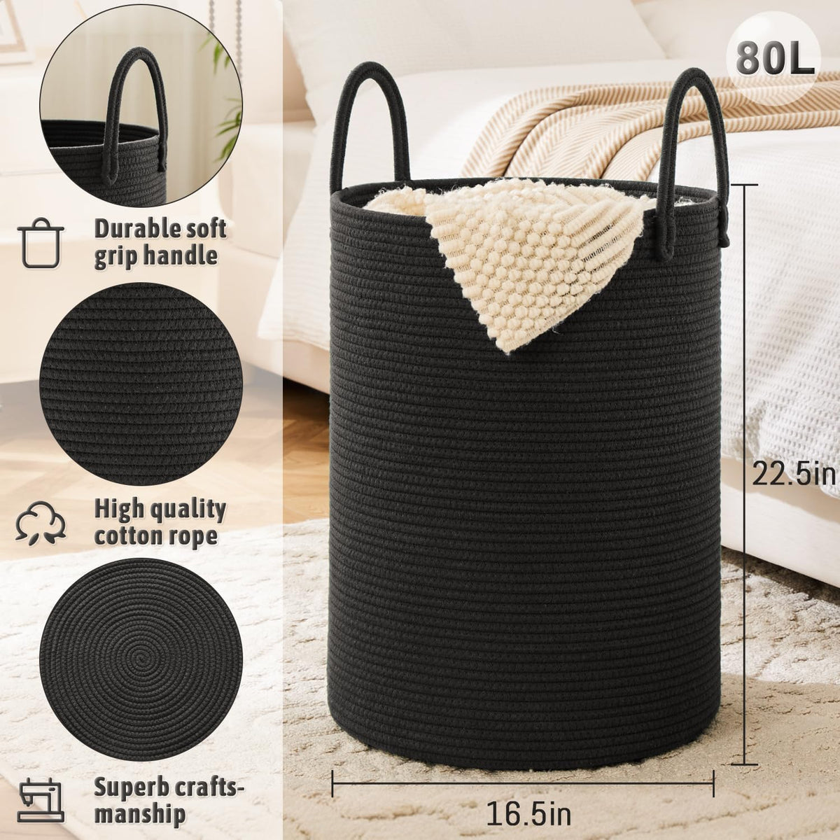 Laundry Basket,Woven Cotton Rope Laundry Hamper,80L for Decorative Storage of Dirty Clothes,Toys